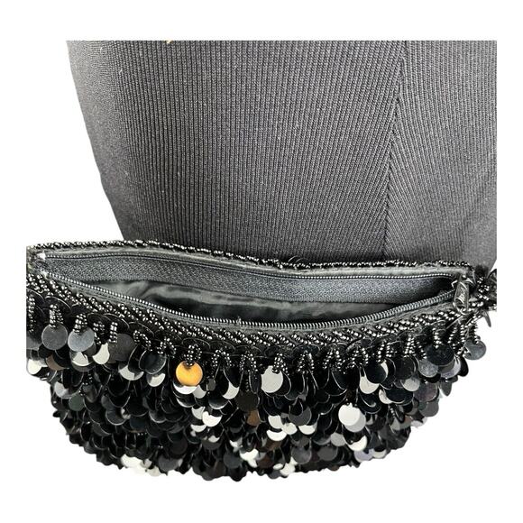 Vintage Black Sequin & Beaded Bag Evening Purse Strap Crossbody Zip Close EUC - Picture 5 of 9